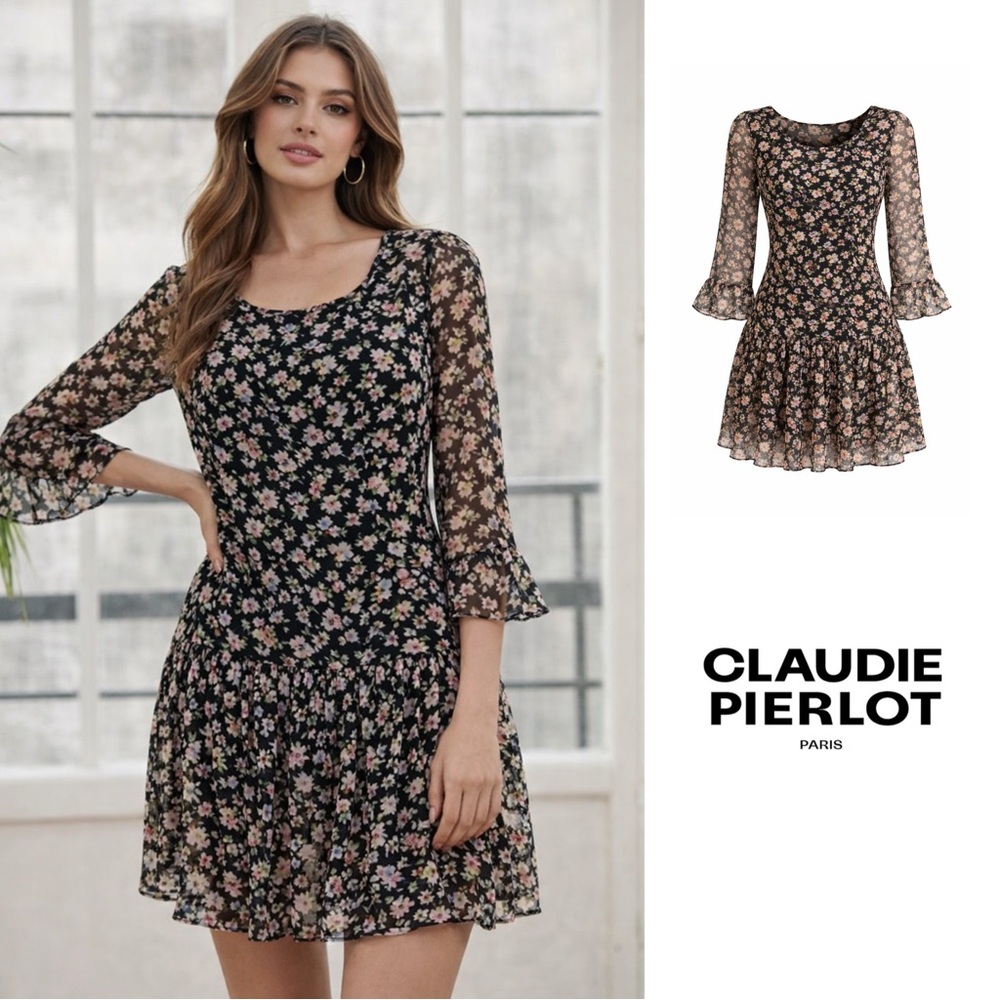 Claudie Pierlot Sheer Floral Ruffle MIDI Dress